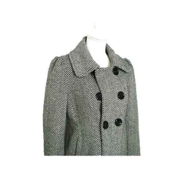 Guess Womens Med Chevron Black White Wool Blend Pea Coat Double Breasted Flared - Picture 3 of 13